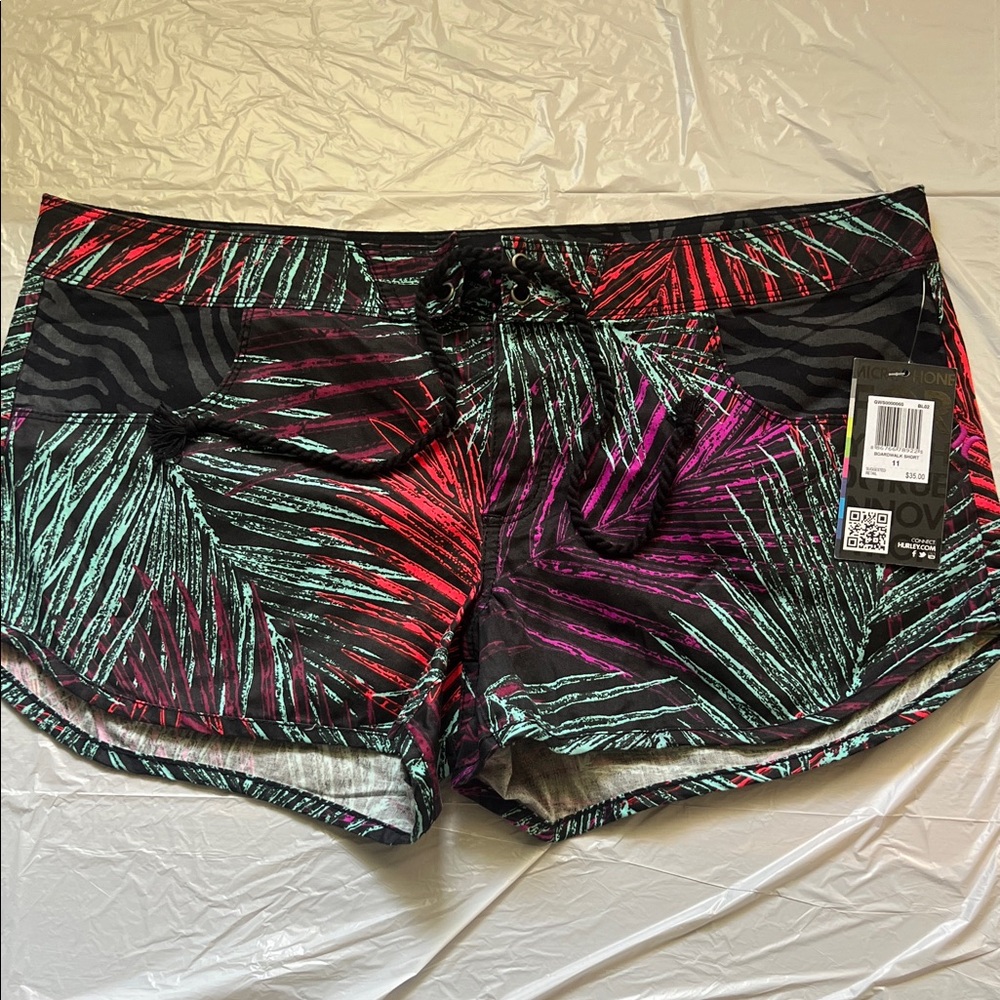 Hurley Black Shorts with Teal, Red, and Purple Palm Print